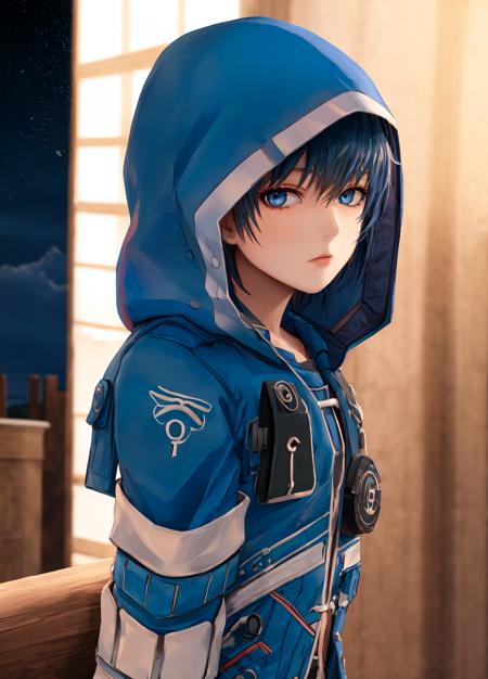 masterpiece, best quality, extremely delicate and beautiful, highres, original, <lora:FidelCamuzeV1:0.8>, FidelCamuze, 1boy, boy, male, short hair, blue hair, blue eyes, blue coat, hood, hooded, upper body, grassland, looking at viewer, serious, night