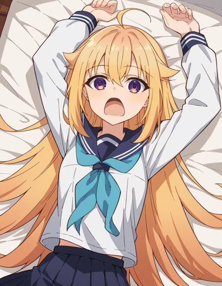 torako koshi, long hair, bangs, blonde hair, hair between eyes, very long hair, purple eyes, ahoge, sidelocks, hair flaps skirt, shirt, long sleeves, school uniform, white shirt, pleated skirt, serafuku, sailor collar, blue skirt, neckerchief, blue sailor collar, blue neckerchief,