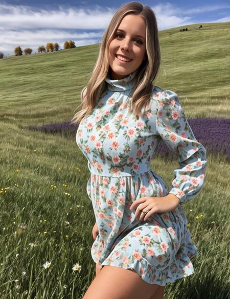 grace, upper body, outdoor, nature, Flowery meadow, sexy dress with turtleneck, Big breasts