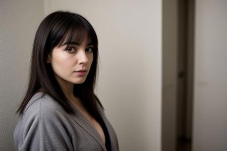 latina woman,  40 years old, pale skin, few wrinkles,  cute face, puppy face, dark hair in a bun with short bangs, short height ,petite ,opened grey short bathrobe, huge boobs hanging out, seductive look, black eyeliner, flirty look, block hallway, no bra, sneaky shot, side view, model looking at the camera seductive,