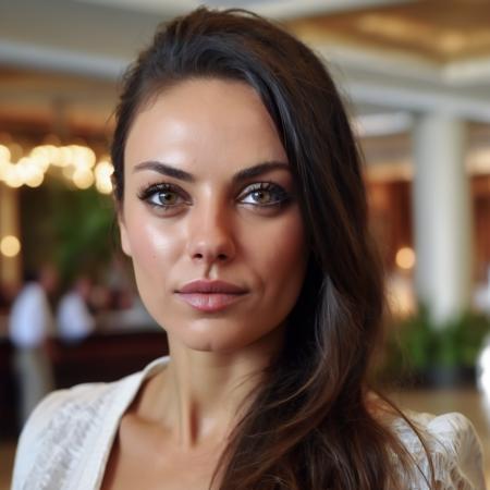 extreme face closeup of beautiful ((ohwx woman)) in a resort lobby,  sharp focus, <lora:kunis_lora_sdxl_v2-000006:1>, looking at the camera, realistic matte skin