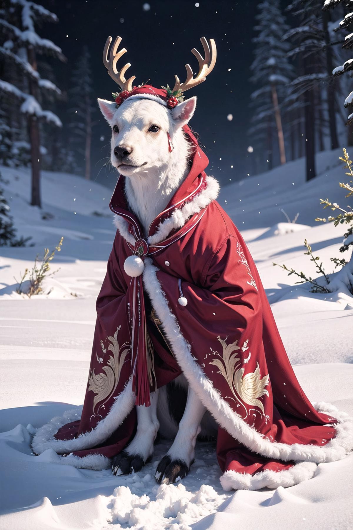A white dog with a red coat and hat.