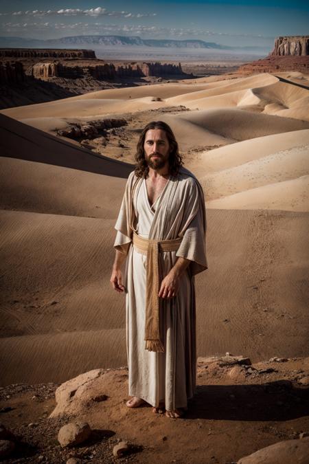 Raw hdr photo of jesus christ, wearing a robe, mantle, praying, knees in the, desert at sunrise, inspiring, disquieting, intricate, high details, hair blowing in the winf, focus, roman toga, mantle, beard, dramatic light, sunrise on desert, (hyper realistic:1.2), (high detailed skin:1.2), epic landscape, 8k uhd, dslr, high quality, film grain, Fujifilm XT3, epiCRealism, lighting, <lora:add_detail:0.7>  <lora:r4nd0m69:1>
