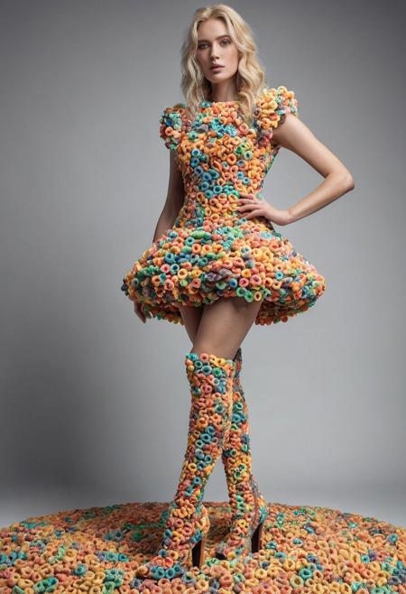 female blonde model wearing a dress made of fruit loops, made of fruit loops high heel boots, intricate meat textures forming the sleek structure, high-detailed, aesthetics, cinematic lighting, simple background, realistic, masterpiece, best quality, highly detailed, sharp focus, dynamic lighting