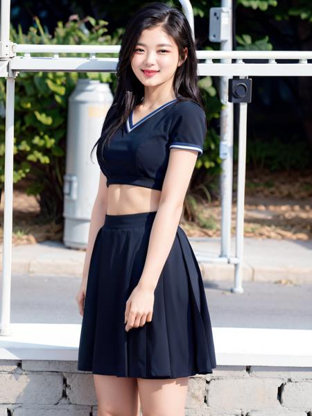 KYJung, black skirt, blue top, standing in the street, cityscape background, smile, (8k, RAW photo, best quality, masterpiece:1.2), (realistic, photo-realistic:1.37), professional lighting, photon mapping, radiosity, physically-based rendering, octane render <lora:KYJung:1>