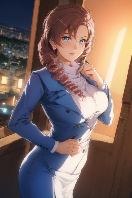 (Night:1.7), Japan, Tokyo, CityView, Before Window,
Standing at attention,
blue suit,white collar,makeup,long sleeves,
<lora:Lucette_Audevie_0083-KK77-V1:0.7>,pink earring,jewelry,lipstick,
blue eyes,drill hair,brown hair,closed mouth,single braid, 
1 girl, 24yo,mature female,Beautiful Finger,Beautiful long legs,Beautiful body,Beautiful Nose,Beautiful character design, perfect eyes, perfect face,
looking at viewer, in the center of the image,
NSFW,official art,extremely detailed CG unity 8k wallpaper, perfect lighting,Colorful, Bright_Front_face_Lighting,
(masterpiece:1.0),(best_quality:1.0), ultra high res,4K,ultra-detailed,
photography, 8K, HDR, highres, absurdres:1.2, Kodak portra 400, film grain, blurry background, bokeh:1.2, lens flare, (vibrant_color:1.2)
(Beautiful,large_Breasts:1.4), (beautiful_face:1.5),(narrow_waist),