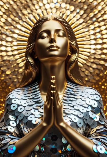 Masterpiece, High Details, HD, 8K, Photorealistic, perfect, High Quality, statue of a woman made of cd's, close eyes, hands praying, gold, ethereal background
