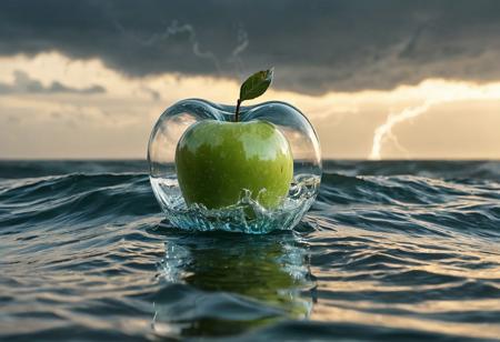 Stable_Yogis_PDXL_Positives
 Imagine a photograph capturing an extraordinary and surreal subject: a transparent apple, crystal clear and perfectly formed, revealing a highly detailed, tumultuous miniature sea raging within. The apple sits boldly in the center of the frame, its smooth, glass-like surface reflecting light and offering a window into the dynamic scene inside. Within, the stormy sea is a marvel of miniaturization - tiny waves crest and crash with realistic ferocity, and if one looks closely, minute flashes of lightning and swirls of wind can be discerned, adding to the tempest's drama. The background of the photo is intentionally simple, perhaps a soft, neutral color or a subtle gradient, ensuring that all attention is drawn to the striking contrast between the serene exterior of the apple and the wild, chaotic seascape it contains. The lighting is key, illuminating the apple in a way that highlights the intricate details of the storm inside while maintaining the overall clarity and impact of the image.