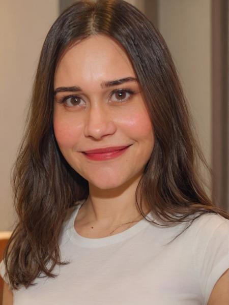 Portrait closeup photo of al3ss4n3grin1 woman, white tshirt, face smiling, in a bedroom, makeup, lipstick