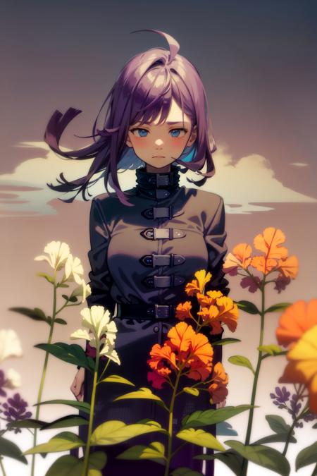 solo, 1girl, bashful, medium breasts, walking, dark purple hair, single hair intake, dark blue eyes, light brown winter coat, foggy atmosphere, Antirrhinum_majus \(flower\), floral background, colorful background, detailed background <lora:kukka_style_v02.05.05.01:1>