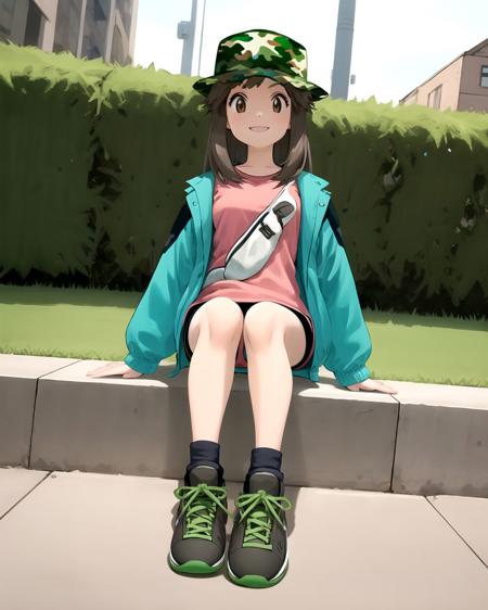 <lora:Leaf3:0.8> lf, pink shirt, bike shorts, green jacket, camouflage headwear, sneakers, smile, full body, sitting, brown eyes