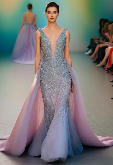 Watercolor painting 1girl, woman,a model walks the runway in a gown with a long train,gown,background,<lora:Haute Couture (AM):1>,haute couture, realistic, photorealistic,<lora:LetThereBeLight:0.2>,Beeple,beautiful atmospheric lighting,, modest flowing gown . Vibrant, beautiful, painterly, detailed, textural, artistic