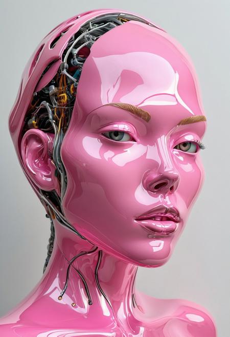 The artwork features a woman with a bionic, ceramic glossy pink face, prominently displayed in a modern minimalist style. The sculpture is skillfully pushed out of the background to create a captivating, front view. It is brightly lit, showcasing the ultra-realistic, futuristic design and attention to detail. The overall aesthetic is inspired by the raw, unadulterated creativity of contemporary art.