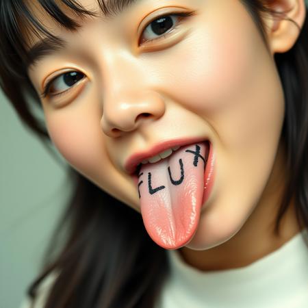A close-up of a 20-year-old Japanese woman playfully sticking out her tongue. The focus is on her face, with a slight tilt of her head, capturing her youthful and vibrant energy. Her skin is smooth and her eyes are bright, with a hint of mischief in her expression. The word "FLUX" is clearly etched onto her tongue in bold, stylish lettering, adding an edgy and provocative element to the image. The background is blurred, keeping the attention on her face and the unique detail on her tongue. The overall mood is playful, modern, and slightly rebellious, reflecting a mix of traditional beauty and contemporary attitude.