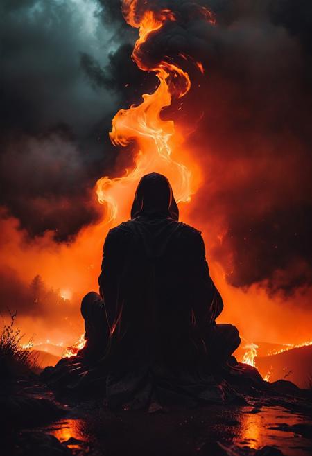 sadness, depression, solid black creature sitting atop a forlorn hill, all alone, no one listens, fog, rain, demons around the corner, poison, 4k quality, masterpiece, darkness, glowing eyes, ghosts swirl about teasing the afterlife that awaits, red and Orange mist, Flames