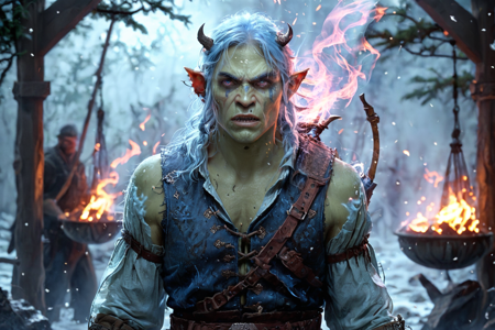 bioluminescent, an orc bone collector with green skin, wearing a fur vest, gathering bones, solo, from the Darkridge Clan, with dark gray armor and ridge-like tattoos, orc hunting grounds with dense forest, animal tracks, scattered bones, detailed background, rowing a warship, pulling an oar, angry, clenched jaw, portrait focus, close-up shot, a blacksmith competition with orcs forging, sparks flying, crowds watching, a leather tent, nearby, on a forge floor, soot-covered, blizzard, heavy snow, strong winds, freezing air, midnight, dark starry sky, moonlight, cool stillness, best quality, vibrant colors, realistic style, high detail, high-definition, hyper-realistic, extremely high-resolution details, fine texture, incredibly lifelike, realistic, not cartoon, not drawing, highres, 4K resolution, source photo, realistic photo, masterpiece, best quality, amazing quality, very aesthetic, ultra-detailed, detailed textures, natural lighting, soft light, icy blue tones, cool blues and whites, lava glow, fiery red glow, three-quarter view shot, full body visible, <lora:Mystic_Lumina_r1-000007:0.9>