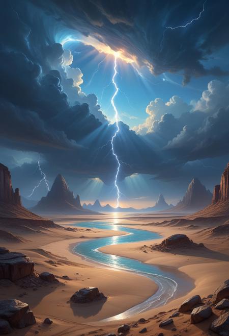 Sci-fi landscape
a vast desert, with rolling dunes, scorching sun, and a sense of desolation,
vast expanse of open ocean stretching to the horizon, clear blue skies above and deep blue waters below ,
Light drizzle Weather,
Noctilucent electric-blue veils,
Lightning-illuminated landscape bursts,
Monsoon season river floods,
Inselberg isolated rock formations,
,
Mirror shards showing parallel worlds,
Tornadoes weaving DNA strands,
Greg Rutkowski: (magical lighting), (smooth color transitions), (dynamic character details), (epic fantasy scenes) :cite[2]
(masterpiece:1.4), (intricate details:1.4), (hyperrealistic:1.3),(painting:0.9),(ultra detailed:1.4), (8k resolution:1.3), (sharp focus), (dramatic perspective:1.1), (chromatic aberration:0.3), (film grain:0.2),
<lora:JuggerCineXL2:0.3>,
<lora:add-detail-xl:0.3>,
<lora:WildcardX-XL-Detail-Enhancer:0.4>,
<lora:xl_more_art-full_v1:0.7>,
<lora:ClassipeintXL2.1:0.3>,
<lora:Flux-XL_Scenery:0.3> flux-scenery ,
<lora:EnvyDramaticLightingXL01:0.7>
detailxl,