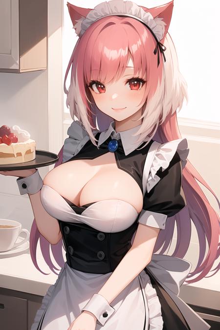 1girl, <lora:SeleneSS-000007:0.8>, selene,  smile,  large_breasts,  red_eyes, animal_ears, cleavage cutout, cat_ears, apron, wrist_cuffs, maid, maid_headdress, multicolored_hair, long hair,