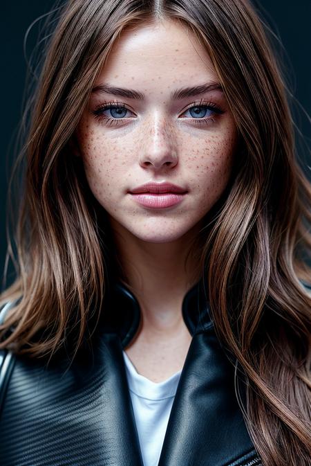 beautiful woman (EPSydn3yM3lm4n:.99), a woman with perfect hair, (freckles:1.2), wearing black (transparent coat:1.1),  (cute smile:1.1), (plain blue background:1.1), (glossy lips, blush:1.1), modelshoot style, (extremely detailed CG unity 8k wallpaper), professional majestic photography, ((slightly open mouth)), (closeup portrait), (Vest Pocket Autographic Kodak Camera), 24mm, exposure blend, hdr, faded, extremely intricate, High (Detail:1.1), Sharp focus, dramatic, soft cinematic light, (looking at viewer), (detailed pupils), 4k textures, soft cinematic light, adobe lightroom, photolab, elegant, ((((cinematic look)))), soothing tones, insane details, hyperdetailed, low contrast, ("I've got a bad feeling about this.":1.1), "In Jernau we trust!"