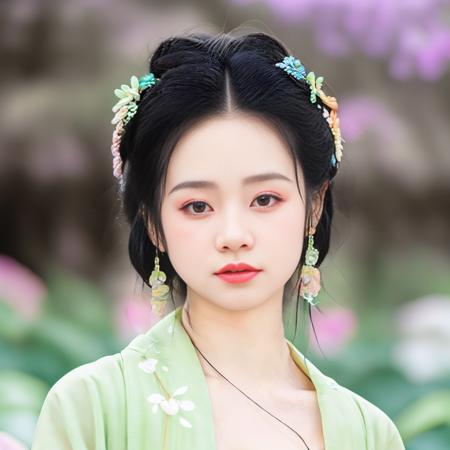 1girl,solo,black hair,blurry background,earrings,hair flower,hanfu,lips,<lora:GUCHEN-09:0.8>,