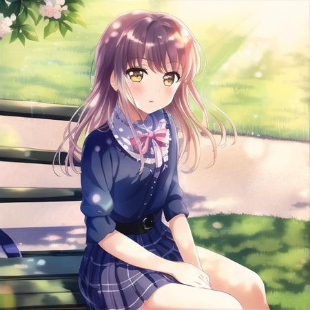 masterpiece, best quality, 1girl, park, bench, sakura, sun shining, looking at viewer,, masterpiece, best quality,