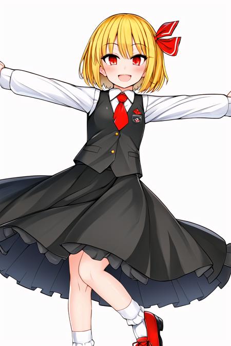 1girl, rumia, blonde hair, solo, skirt, shirt, vest, outstretched arms, long sleeves, short hair, white background, open mouth, black skirt, ribbon, smile, white shirt, hair ribbon, red eyes, red footwear, simple background, socks, black vest, looking at viewer, white socks, frills, shoes, red ribbon, spread arms, bangs, frilled shirt collar, collared shirt, necktie, puffy long sleeves, :d, red necktie, puffy sleeves, standing <lora:Roki2-000006:1>