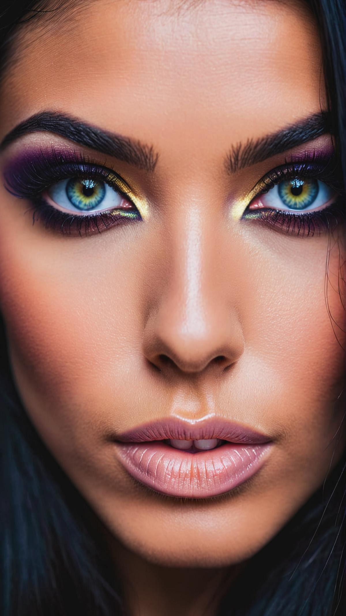 A close-up of a woman's face with yellow and blue eyeshadow and lipstick.