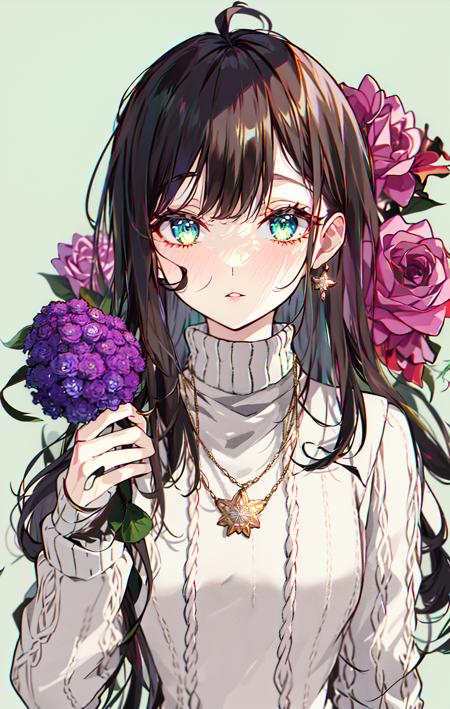 1girl, aran_sweater, bangs, black_flower, black_ribbon, black_rose, blue_flower, blue_rose, blush, bouquet, brown_hair, daisy, eyebrows_visible_through_hair, flower, green_background, grey_hair, grey_sweater, hair_ribbon, hjewelry, long_hair, long_sleeves, looking_at_viewer, necklace, parted_lips, pink_flower, pink_rose, ponytail, purple_flower, purple_rose, ribbed_sweater, ribbon, rose, sleeves_past_wrists, solo, sweater, tattoo, turtleneck, turtleneck_sweater, upper_body, white_flower, white_rose, white_sweater <lora:style_Akakura:0.8>