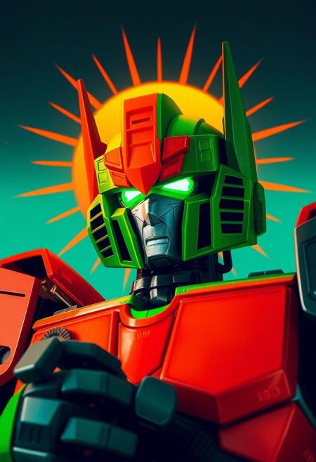 Green and orange Megatron cowboy shot photograph with an orange and blue synthwave sun background. Slightly turned.