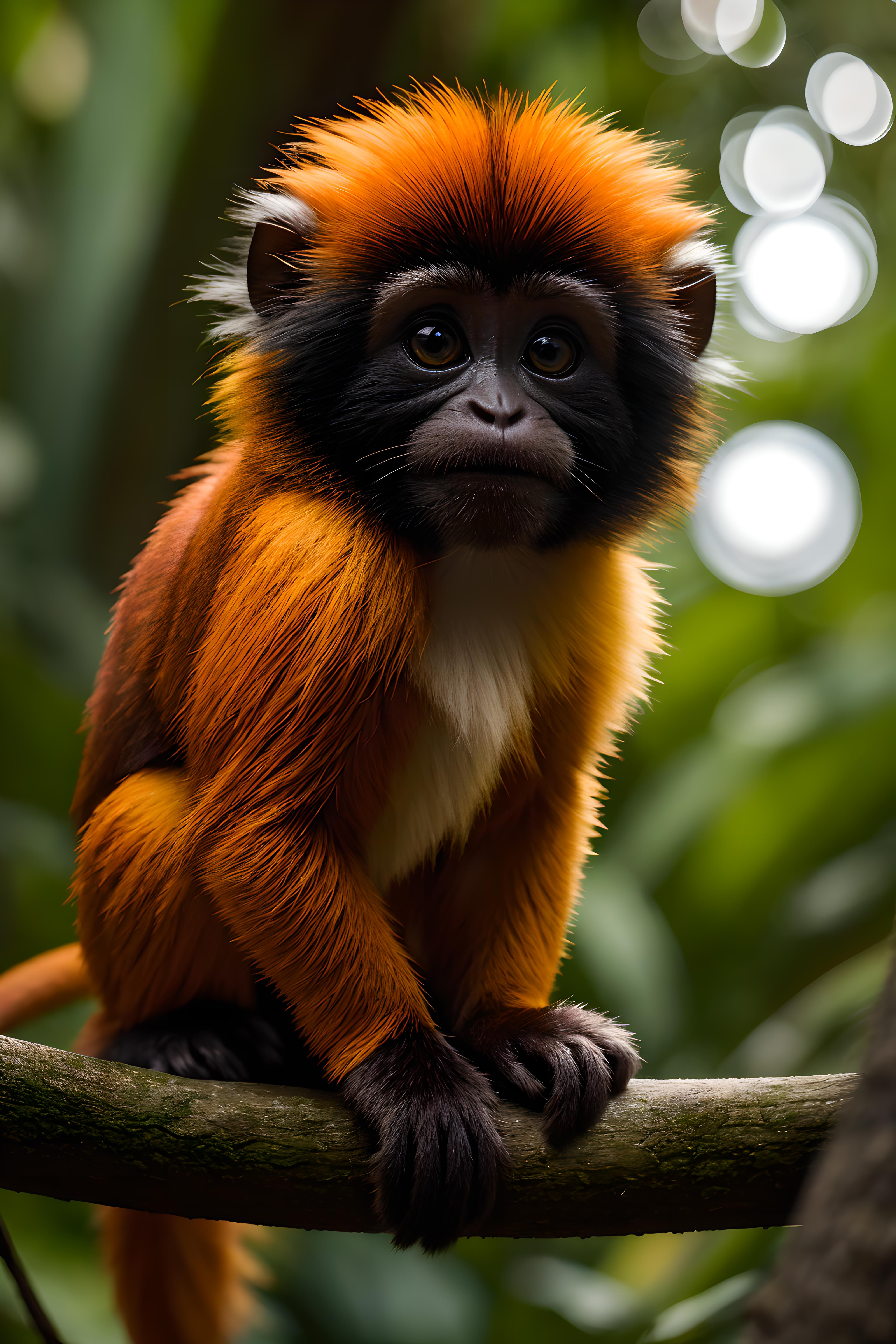An orange and black monkey sitting on a tree branch.