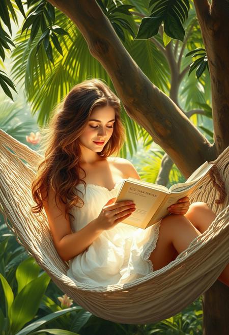 19th century Victorian oil painting. In it, a young woman is reclining in a hammock, engrossed in a book. She has long, wavy brown hair cascading over her shoulders and wears a light, flowing white summer dress. The hammock is made of soft, woven fabric with subtle patterns. It is suspended between two large, lush trees in a serene, sunlit tropical jungle. The background features soft green foliage and vibrant flowers on display, with dappled sunlight filtering through the canopy. The lighting creates a warm, golden glow on her face and hands, highlighting the texture of the book and the hammock. Gentle shadows from the trees add depth to the peaceful scene.