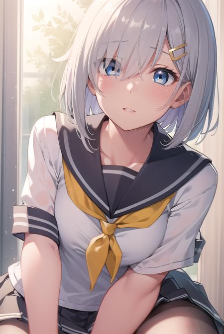 hamakaze, <lora:hamakaze-lora-nochekaiser:1>, 
hamakaze, blue eyes, grey hair, hair ornament, hair over one eye, hairclip, short hair, short hair,
BREAK black pantyhose, buttons, gloves, grey sailor collar, grey skirt, hairclip, neckerchief, pantyhose, pleated skirt, sailor collar, school uniform, serafuku, skirt, white gloves, yellow neckerchief,
BREAK looking at viewer,
BREAK indoors, classroom,
BREAK <lyco:GoodHands-beta2:1>, (masterpiece:1.2), best quality, high resolution, unity 8k wallpaper, (illustration:0.8), (beautiful detailed eyes:1.6), extremely detailed face, perfect lighting, extremely detailed CG, (perfect hands, perfect anatomy),