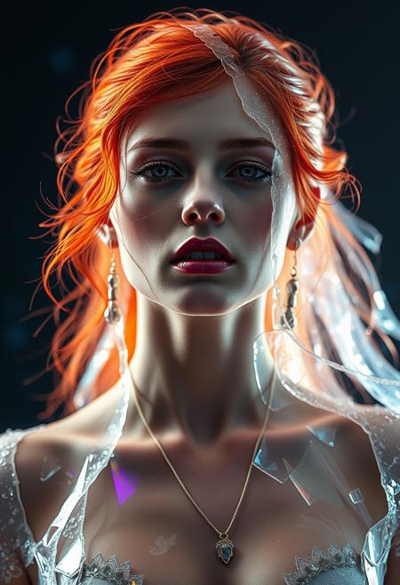 glass textures, a woman with red hair in the style of Tamara de Lampe, mythical, breathtaking beauty, perfection, divine presence, unforgettable, impressive, auras, rays, ultra high quality, masterpiece, sharp focus, depth of field, unreal engine, Broken Glass effect, no background, stunning, mythical being, energy, molecular, textures, iridescent and luminescent scales, breathtaking beauty, perfect, divine presence, unforgettable, impressive, breathtaking beauty, Volumetric light, auras, rays, vivid colors reflects