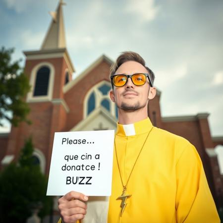 Man wearing yellow tinted glasses and a yellow priest uniform in front of church like building which has a gold lightning bolt symbol on its spire roof, he is wearing golden lightning bolt symbol necklace prominently visible, he is holding sign with text "Please donate to the church of BUZZ!"