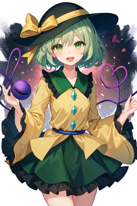 best quality, masterpiece, highres, solo, {komeiji_koishi_touhou:1.15}, third_eye, hat, green_eyes, black_headwear, short_hair, green_hair, ribbon, smile, bow, upper_body, heart, bangs, hat_ribbon, hat_bow, hair_between_eyes, 1girl, eyeball, frilled_sleeves, frills, heart_of_string, long_sleeves, open_mouth, shirt, skirt, wide_sleeves, yellow_shirt, :d, green_skirt, looking_at_viewer