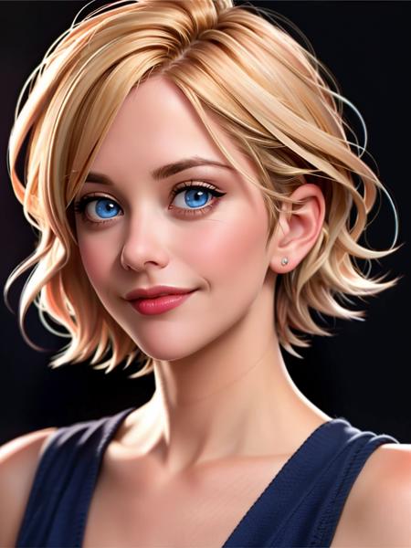 Realistic photo of a beautiful m3gr-v2 woman, 1girl, solo, smile, short hair, blue eyes, blonde hair, simple background, closed mouth, lips, looking to the side, makeup, looking away, lipstick, black background, portrait, realistic, soft lighting, professional Photography, Photorealistic, detailed, RAW, analog, sharp focus, 8k, HD, high quality, masterpiece<lora:m3gr-v2:1.0>