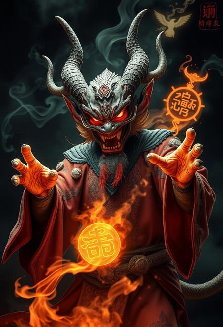 A photo realistic evil Chinese mythological demon creature casting spells with glowing magical chines symbols