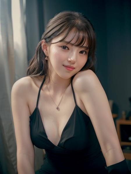 hansohee in halter strap, necklace, hair bangs, (looking to camera:1.1), smiling

dark studio, (rim lighting:1.2), two tone lighting, dimly lit, low key,

, hyper realistic lifelike texture dramatic lighting unrealengine trending on artstation,award winning photo,nikon RAW photo,8 k,Fujifilm XT3,masterpiece, best quality, realistic, photorealistic,ultra detailed,extremely detailed face,

<lora:hansohee-sd1.5-newcaption-50step-000001:0.8> <lora:epiNoiseoffset_v2:1>