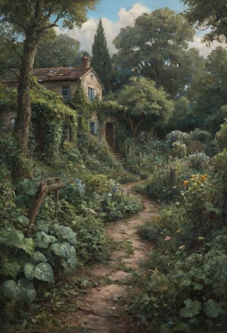 dramatic garden scene with a lush, overgrown landscape. The layout features a dusty path curving through a neglected garden, plants and flowers spreading out of control. On the path, an old man his clothes tattered and torn, leaning on a walking stick, looks about him, Tall trees their thick trunks overgrown with ivy, and dense foliage frame the left side of the image, while the background is filled with more trees and greenery. on the right side of the path al dilapidated building, its windows broken and door open. A dark cloud drifts across the blue sky, giving the garden an ominous atmosphere. oil painting