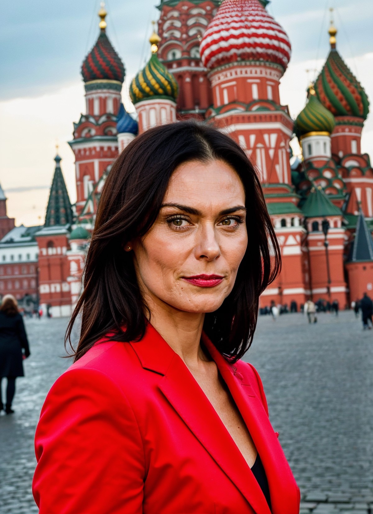 portrait of sks woman in Moscow, at the Red Square with St. Basil's Cathedral in the background, by Flora Borsi, style by ...