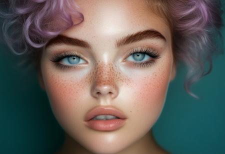 The image is a high-resolution photograph featuring a young woman with striking, ethereal features. She has light skin with a scattering of freckles across her face, particularly prominent across her cheeks and nose. Her piercing, large blue eyes are wide open, giving her a dreamy expression. Her hair is a vibrant, pastel lavender, styled in loose, tousled waves, with bangs that frame her face. She has a delicate, natural makeup look with a focus on her lips, which are painted a soft, natural pink.rockabilly style, 1girl, solo, realistic, looking at viewer, flower, freckles, lips, blurry, parted lips, close-up, 1950's