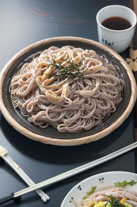 zarusoba, noodles, realistic, food, food focus, plate, cup, table, still life