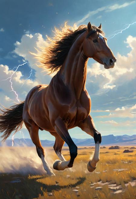 Realistic painting of a large horse galloping powerfully across a vast steppe, with dynamic ray tracing capturing the sunlight filtering through an expansive sky, by artists inspired by the detail and lifelikeness of George Stubbs and the dynamic compositions of Frederic Remington, cinematic composition, trending on ArtStation
BadDream, anzhcdreamwave, aesthetic, glowneon, glowing, sparks, lightning