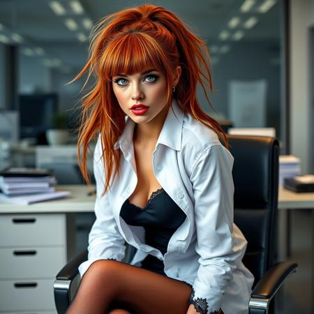 (masterpiece), best quality, expressive eyes, perfect face, Beautiful red haired woman, hair in dishevelled high ponytail, green eyes, wearing a half open white office shirt, black mini skirt, black lace trimmed stockings, sitting on a office chair, office as a back ground, looking at user, biting her lower lip, ((full body shot))