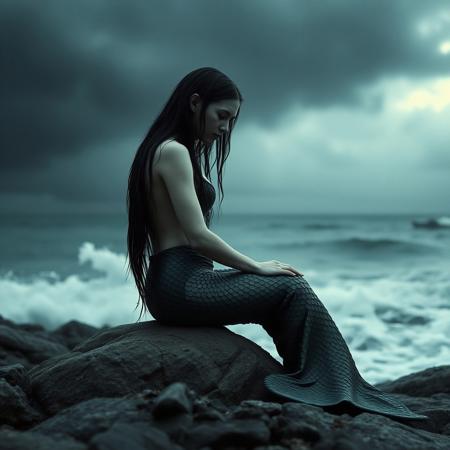 Dark, moody atmosphere, depicting a mermaid figure sitting on a rocky shore by the sea. The mermaid, with a long, flowing tail covered in shimmering, dark scales, sits with her head bowed, looking melancholic and introspective. Her long, wet, dark hair cascades down her back, blending with the seaweed-like tendrils that adorn her tail. The mermaid's skin is pale, almost ghostly, adding to the somber mood. The background features a stormy, misty sky with dark, ominous clouds, suggesting a tumultuous sea. Waves crash against the shore, creating a sense of movement and energy. Photorealistic, Natural atmospheric lighting, intricate details, 35mm photograph, film, professional, 4k visuals, highly detailed, elegant, studio quality.