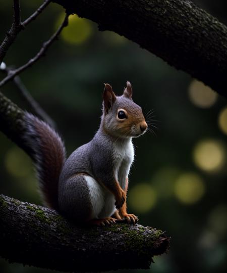 <lora:LowRa:0.6> squirrel on a tree, hazelnut, cinematic, dark theme, rim light