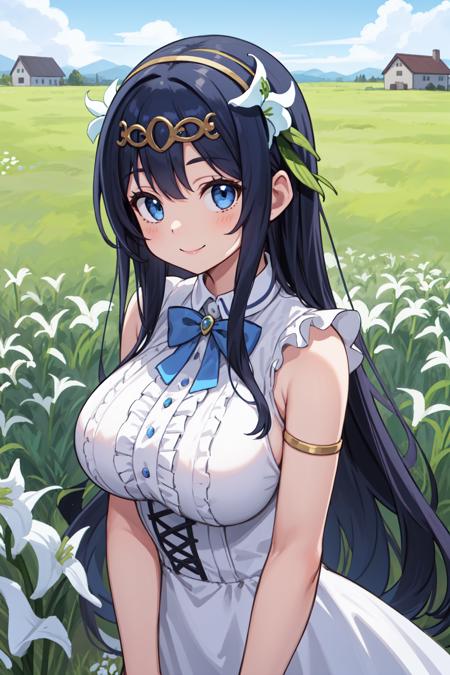 masterpiece, best quality, 1girl, long blue hair, outdoors, circlet, houses, meadow, smile, large breasts, upper body, white and blue dress, bow, frills, ribbons, (field of lillys:1.3)