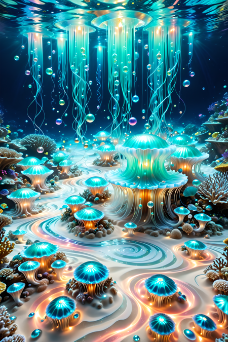 A surreal underwater realm where coral castles drip with glowing pearlescent syrup,jellyfish float like silk lanterns above a pearly sand floor,and luminous mermaids paint ocean currents with swirling trails of light and flowing pigments,magical realism,photoreal style,intricate lighting made of l1qu1dp34rl,pearlescent,flowing through bioluminescent coral reefs,iridescent bubbles rising in turquoise water,hyper-realistic translucency,pearlescent,
Masterpiece,best quality,hi res,8k,hi res,8k,award winning,(sharp focus, intricate, highly detailed),<lora:SDXLFaeTastic2400:0.4>,<lora:liquidpearlXL_r1:1>,<lora:TrendCraft_The_Peoples_Style_Detailer-v2.1A-3_12_2025-SDXL:0.8>