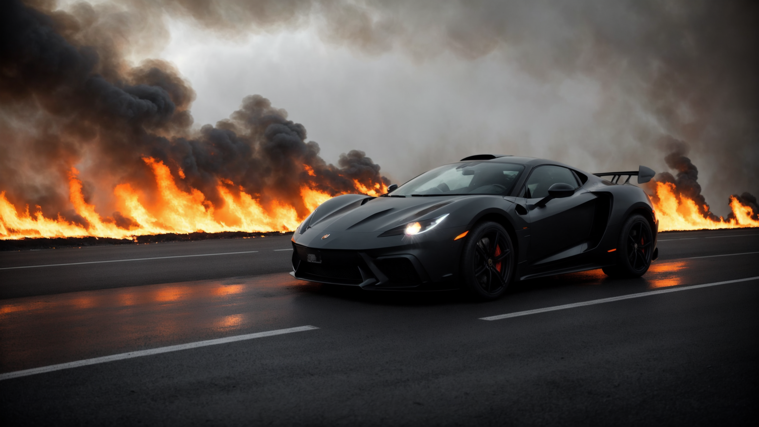 super car, hyper car, futuristic beast sports car driving through smoke and fire, dark movie, moody tones, cinematic, rain...