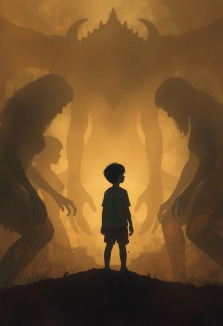 The presence of the monster mother
The hazy silhouettes of several female monsters surround the boy. Their vague postures seem to be both protective and controlling, highlighting the influence of mothers.
FHD, Rich in details, masterpiece.